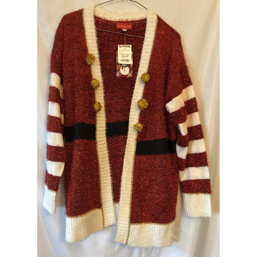 Women's Metallic Christmas Santa Sweater Open Cardigan M NWT